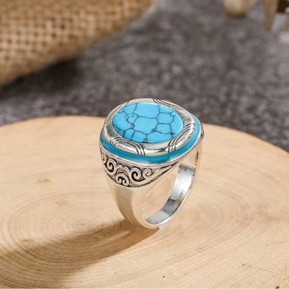 Blue Turquoise Color Stone Stainless Steel Ring - Picture 4 of 7